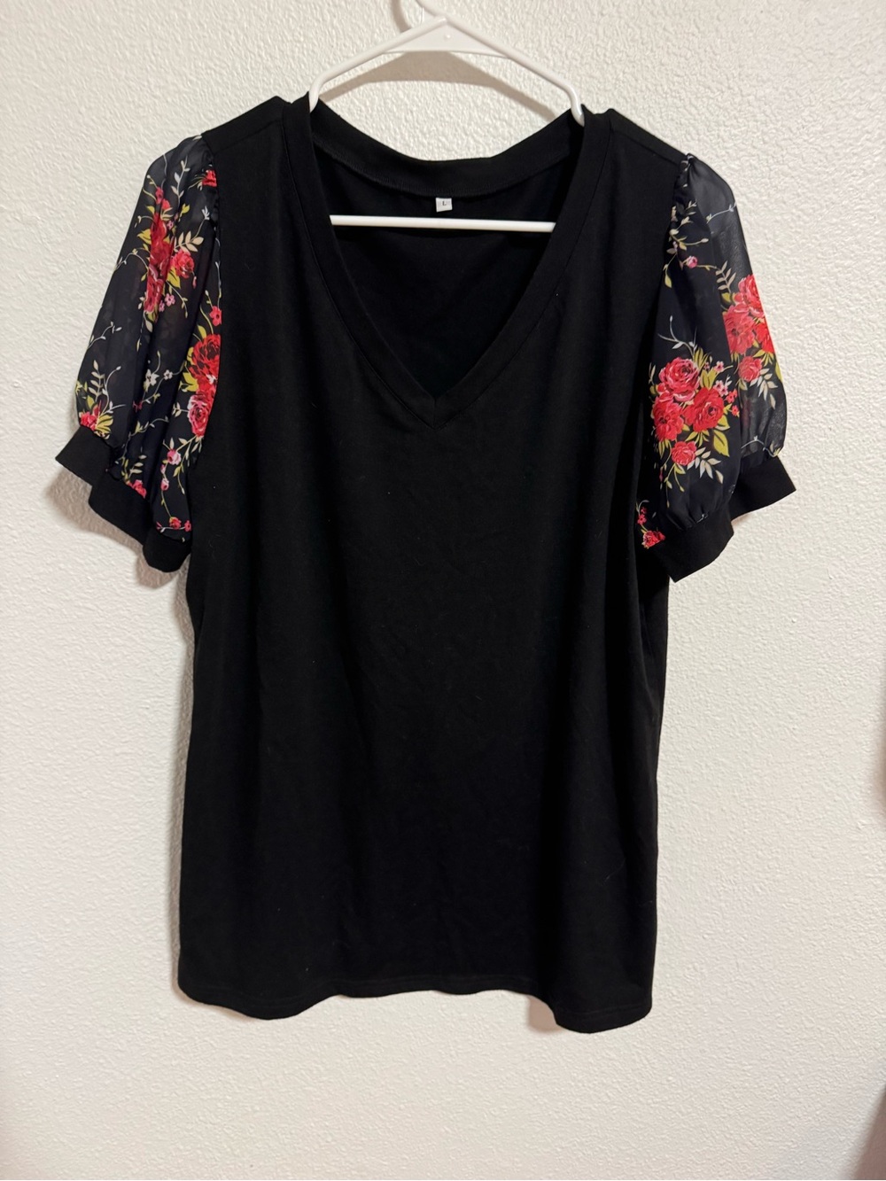 Black V-Neck Top with Floral Puff Sleeves